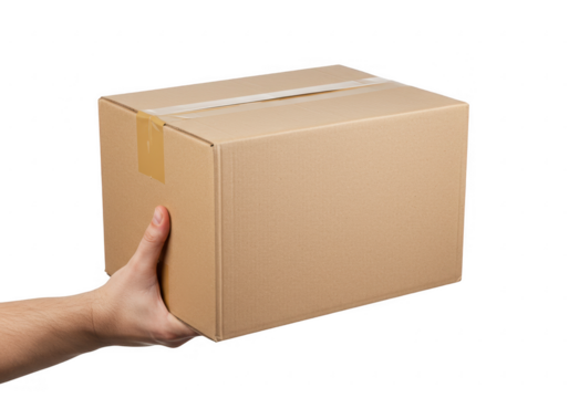 A hand holding a medium-sized closed cardboard box with brown packing tape sealing the top isolated on transparent background