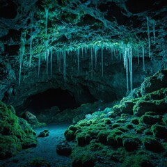 A surreal glowing cave filled with bioluminescent moss and crystals, casting an ethereal blue-green light onto the cavern walls