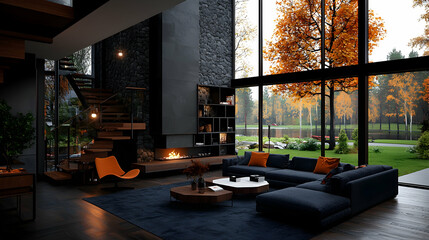 Modern Spacious Living Room with Stone Fireplace and Autumn View