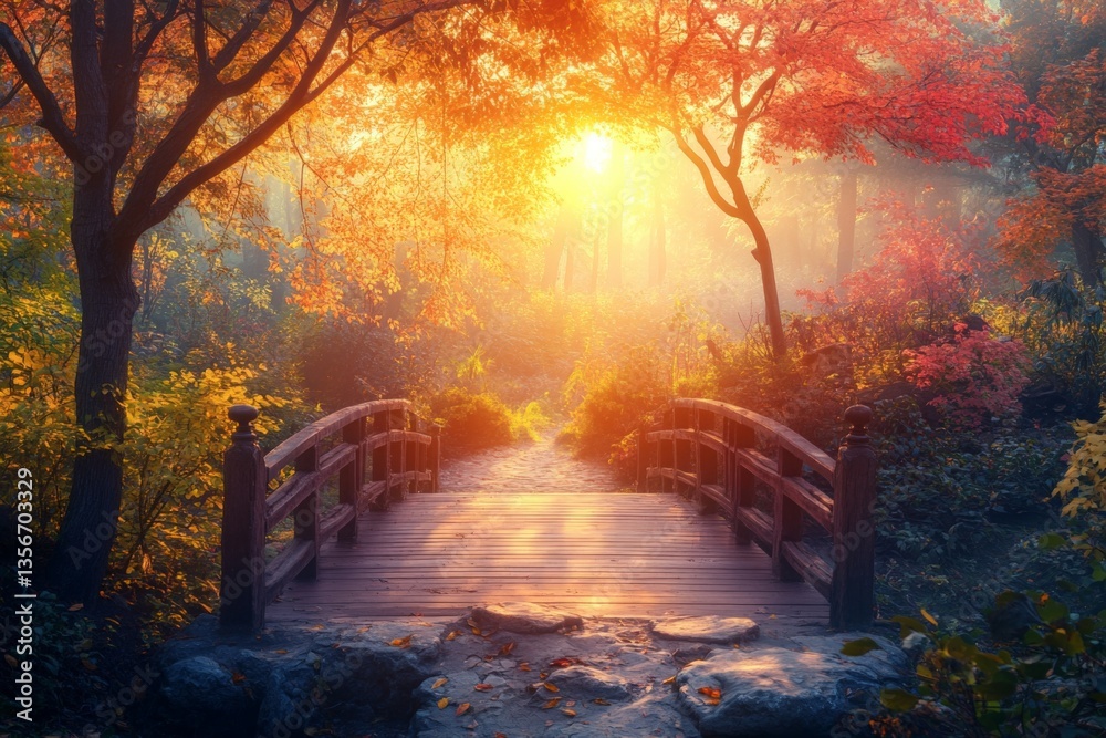 Aufkleber autumn morning light filters through trees over a serene wooden bridge in a tranquil garden setting
