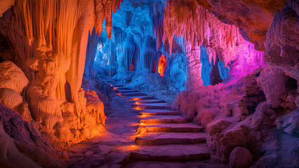 Colorful Illuminated Cave Pathway with Stalactites and Stalagmites