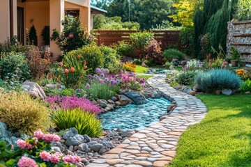 Obraz premium Lush garden with colorful flowers and a winding stream in afternoon sunlight