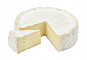 A wheel of creamy brie cheese with a white rind isolated on transparent background