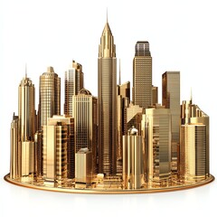 Golden skyscraper cityscape, white isolated background