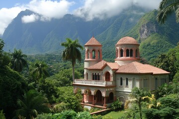 Beautiful villa surrounded by lush mountains and palm trees in a serene landscape