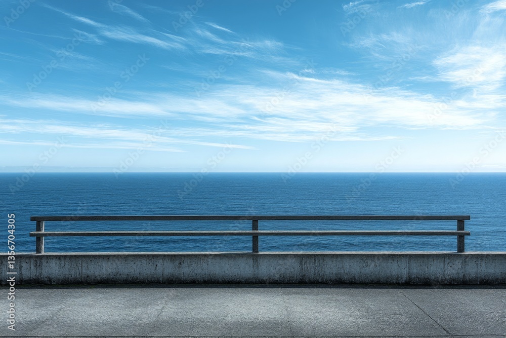 Poster view of calm ocean from a coastal walkway during a sunny day with clear blue skies and minimal cloud
