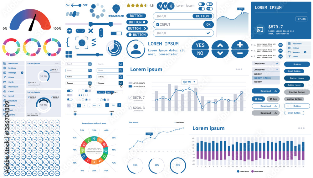 Poster a modern interface kit with buttons, graphs, and elements for creating web applications and dashboar