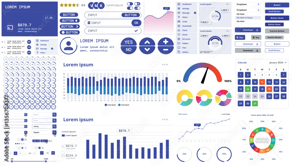 Poster a modern interface kit with buttons, graphs, and elements for creating web applications and dashboar