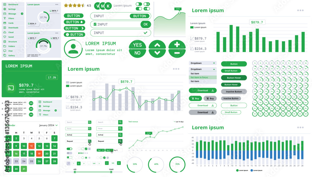 Poster a modern interface kit with buttons, graphs, and elements for creating web applications and dashboar