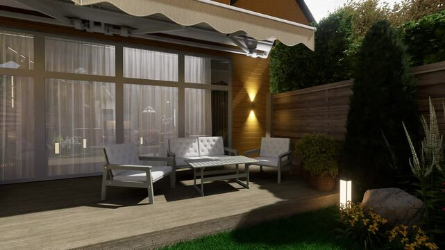 Modern outdoor terrace featuring a wooden deck, cozy seating, decorative lanterns, and ambient lighting. A serene backyard retreat for leisure and comfort.