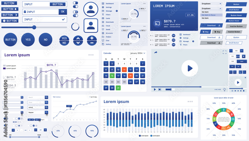 Poster a modern interface kit with buttons, graphs, and elements for creating web applications and dashboar