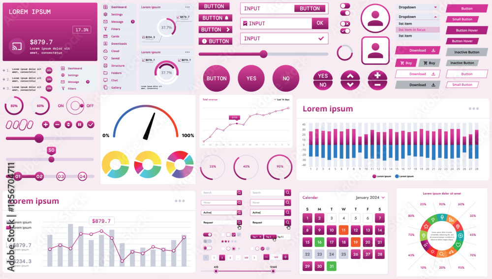 Poster a modern interface kit with buttons, graphs, and elements for creating web applications and dashboar