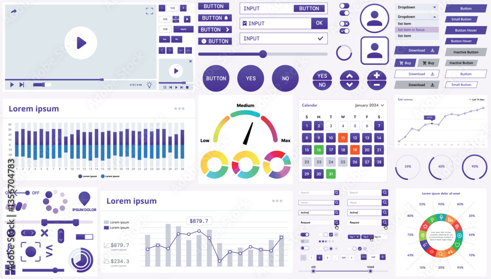 Poster a modern interface kit with buttons, graphs, and elements for creating web applications and dashboar