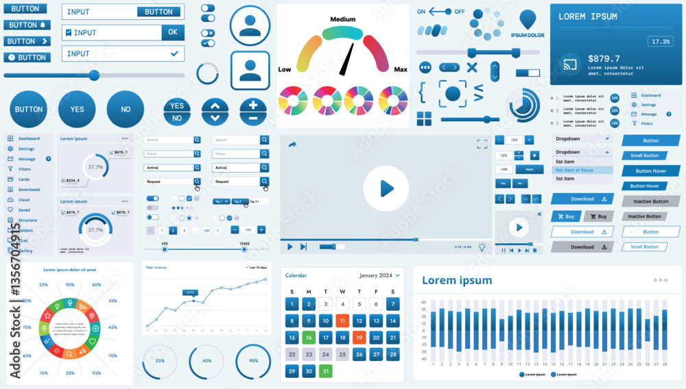 Poster a modern interface kit with buttons, graphs, and elements for creating web applications and dashboar