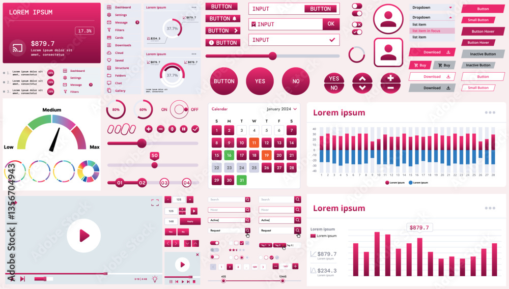 Poster a modern interface kit with buttons, graphs, and elements for creating web applications and dashboar