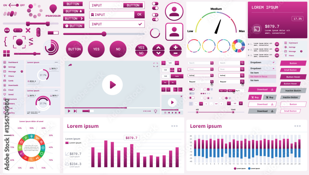Poster a modern interface kit with buttons, graphs, and elements for creating web applications and dashboar