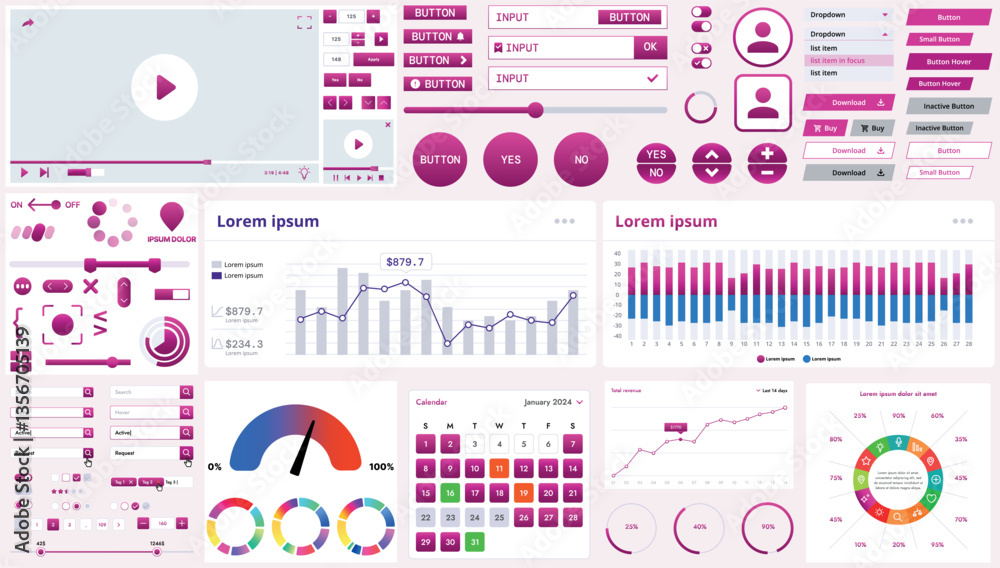 Poster a modern interface kit with buttons, graphs, and elements for creating web applications and dashboar
