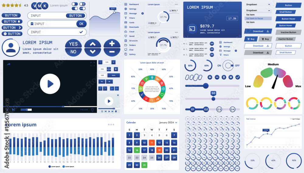 Poster a modern interface kit with buttons, graphs, and elements for creating web applications and dashboar