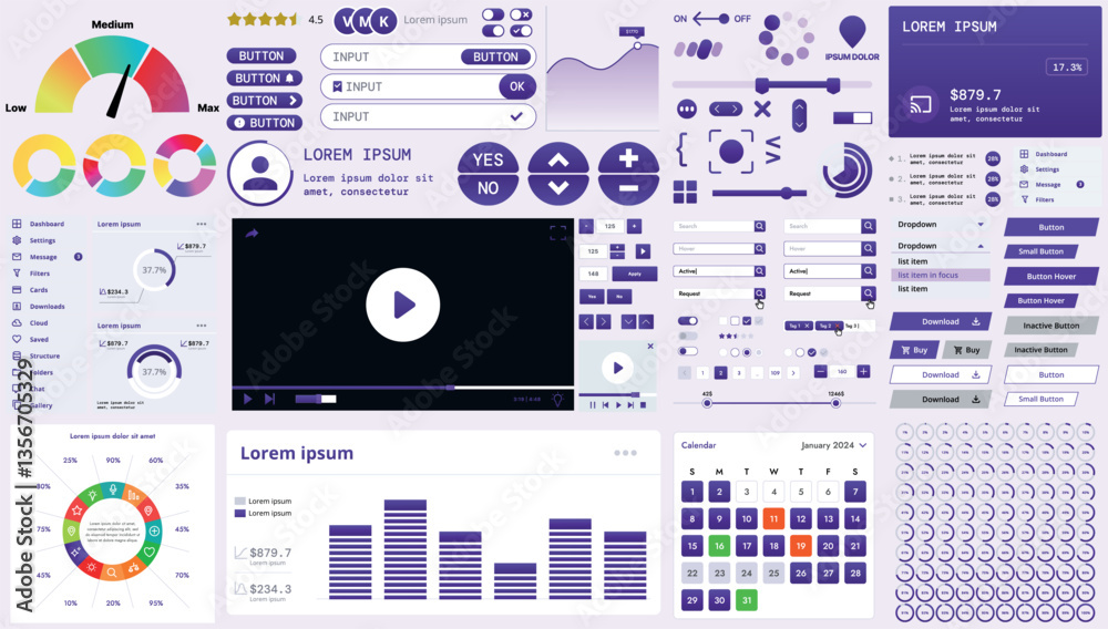 Poster a modern interface kit with buttons, graphs, and elements for creating web applications and dashboar