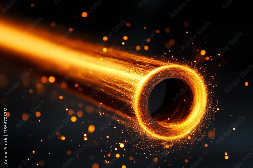 Poster light trails emerge from a glowing circular pipe while sparks dance in darkness during a nighttime o