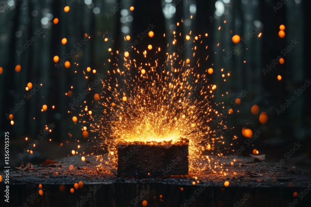 Poster sparks fly from a wooden block in a secluded forest during twilight hours creating a mesmerizing dis