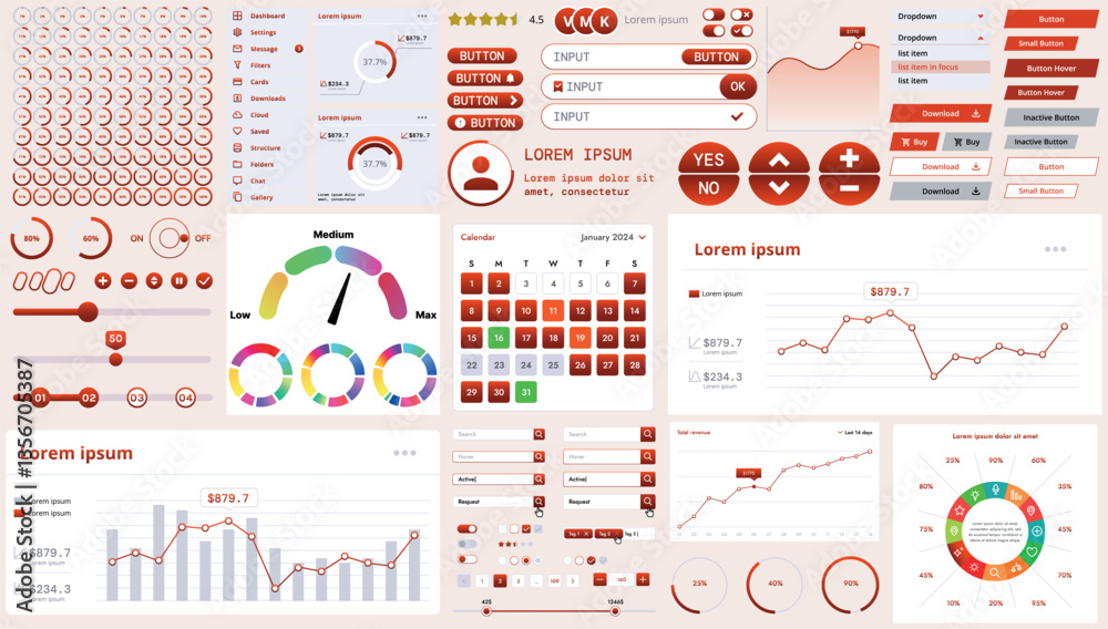 Poster a modern interface kit with buttons, graphs, and elements for creating web applications and dashboar