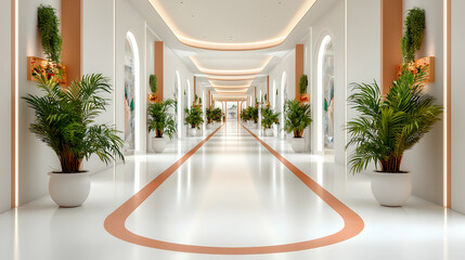 Modern White Hallway Interior with Tropical Plants
