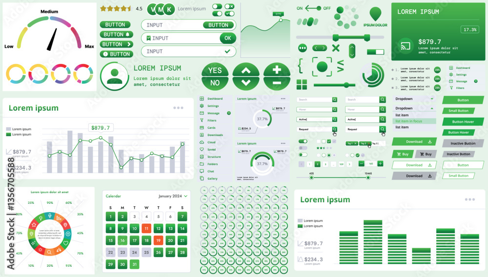 Poster a modern interface kit with buttons, graphs, and elements for creating web applications and dashboar