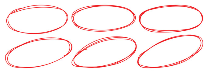 Hand drawn red circle line sketch set. Highlight circle frames. Ellipses in doodle style. For marking text, numbers, marker pen, pencil, logo, hand-drawn doodle grunge circle highlights. 