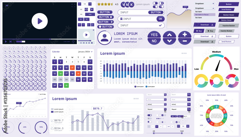 Poster a modern interface kit with buttons, graphs, and elements for creating web applications and dashboar