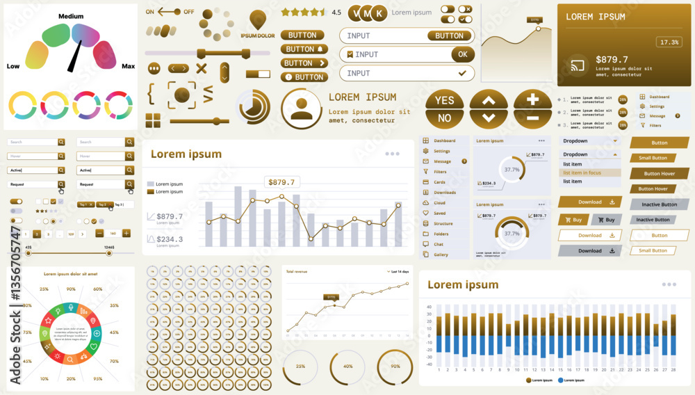 Poster a modern interface kit with buttons, graphs, and elements for creating web applications and dashboar