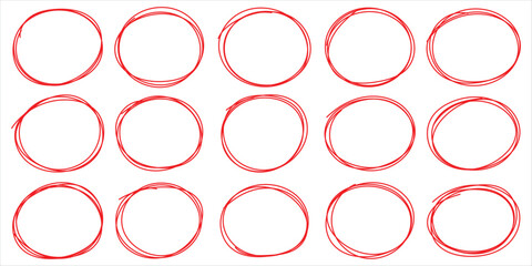 Set of hand drawn red doodle ellipses. Scribble ovals, bubbles to circle and highlight text. Bright red scribble ovals and bubbles to circle and highlight text. Abstract graphic element for note mark.