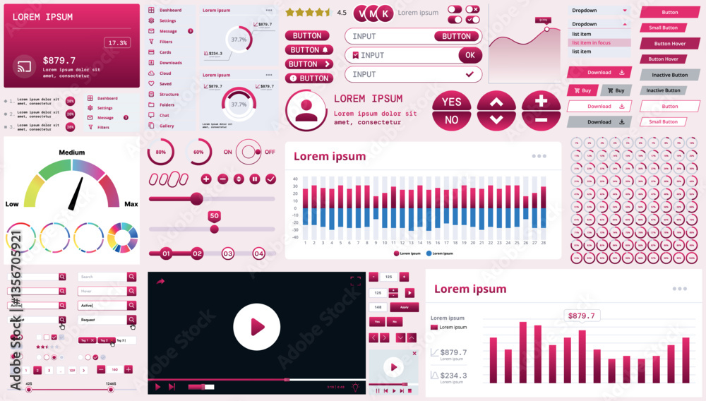 Poster a modern interface kit with buttons, graphs, and elements for creating web applications and dashboar