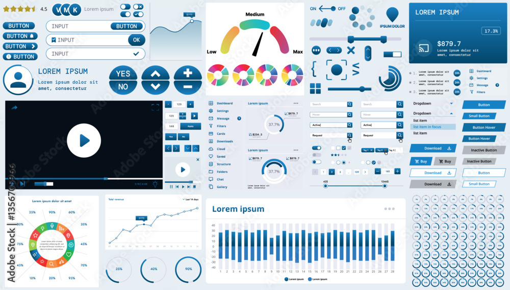 Poster a modern interface kit with buttons, graphs, and elements for creating web applications and dashboar
