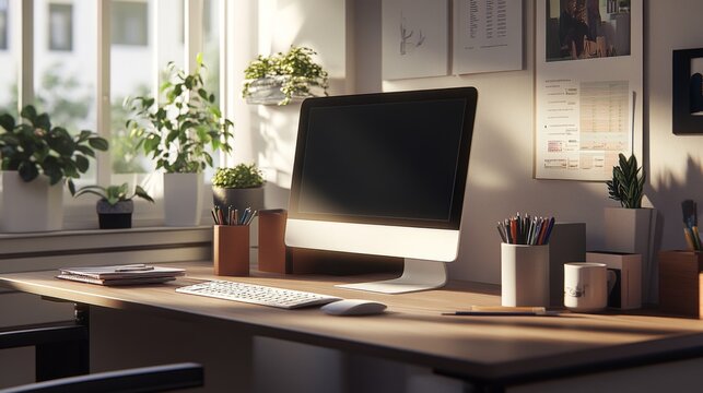 A modern office desk with a sleek computer setup, organized stationery, and a coffee mug, bathed in natural light from a nearby window, creating a productive workspace environment.