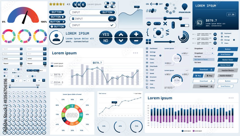 Poster a modern interface kit with buttons, graphs, and elements for creating web applications and dashboar