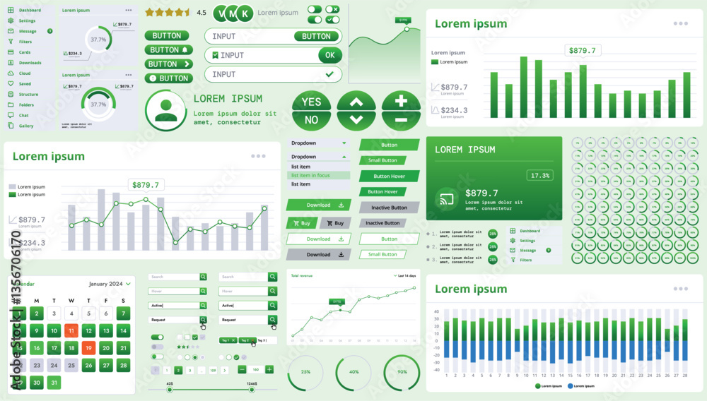Poster a modern interface kit with buttons, graphs, and elements for creating web applications and dashboar