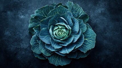 Obraz premium A beautifully structured blue cabbage is displayed against a dark background