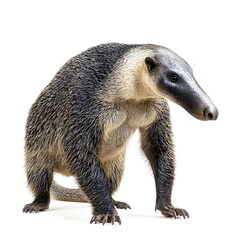 Fototapeta premium A realistic portrait of a giant anteater standing in side view, isolated on a white background. A large, uniquely built anteater with coarse grey and black fur, an elongated snout, small dark eyes, 