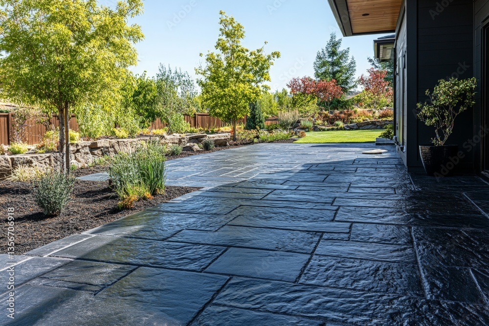Poster Beautiful stone patio with lush greenery in a serene garden setting during daytime