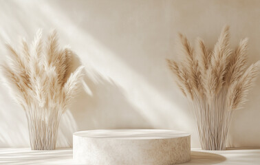 Beige podium with pampas grass decor. Soft light and shadows create a natural mood.
