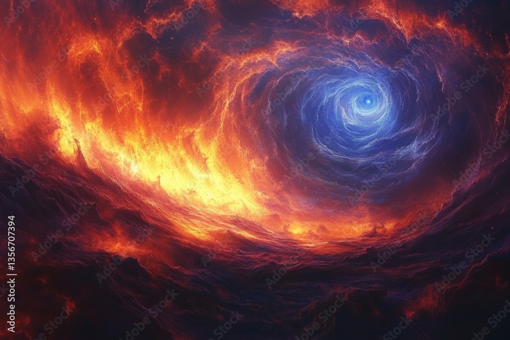 Poster vivid cosmic swirl blends fiery orange with deep blue vortex in a stunning display of the universe's