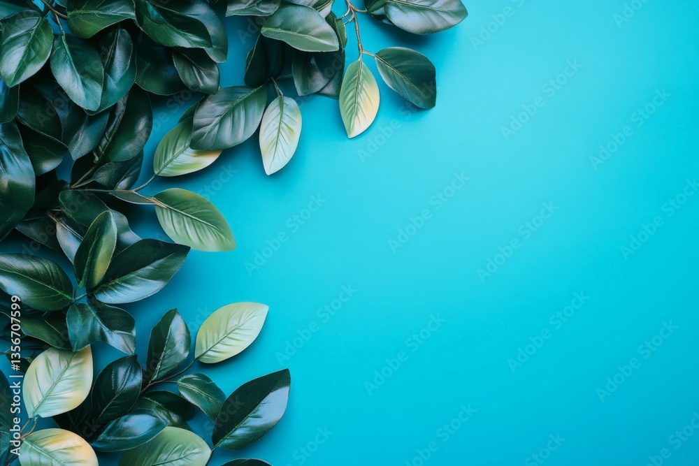 Poster vibrant green leaves arranged on a bright turquoise background create a refreshing and lively atmosp
