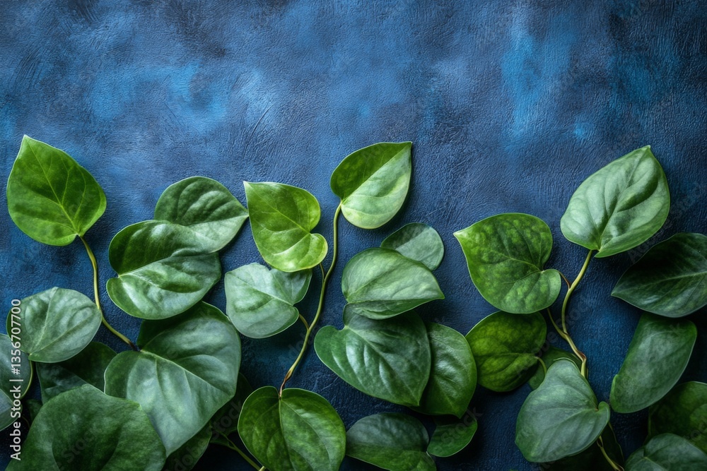 Poster green leaves arranged artistically on a textured blue background creating a calming and natural atmo
