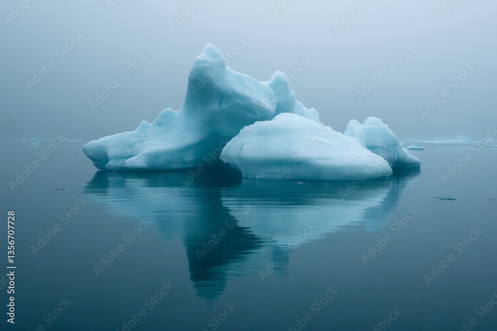 Poster icebergs float serenely on calm water in a misty atmosphere near the arctic region during twilight h