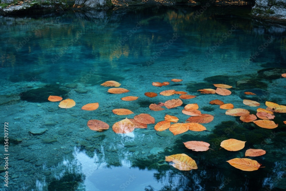 Poster clear water reflects colorful autumn leaves in a serene natural setting near a tranquil forest strea