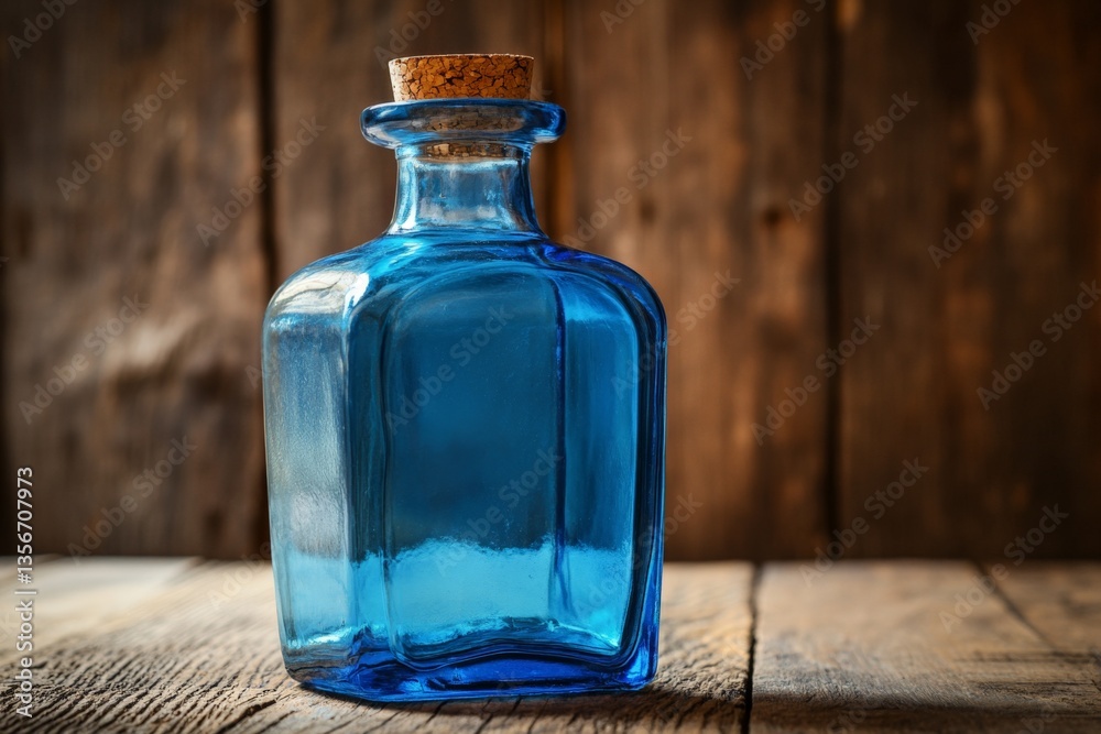 Poster glass bottle with cork on rustic wooden table in soft light