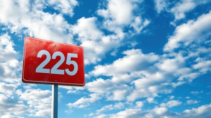 Obraz premium Red sign with number 225 against a bright blue sky with fluffy white clouds.
