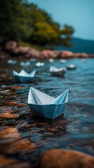 Paper Boats on Coastal Water.