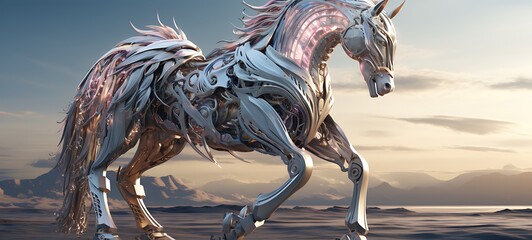 Unicorn giant Robot with an armoured safir crystal, ai generative